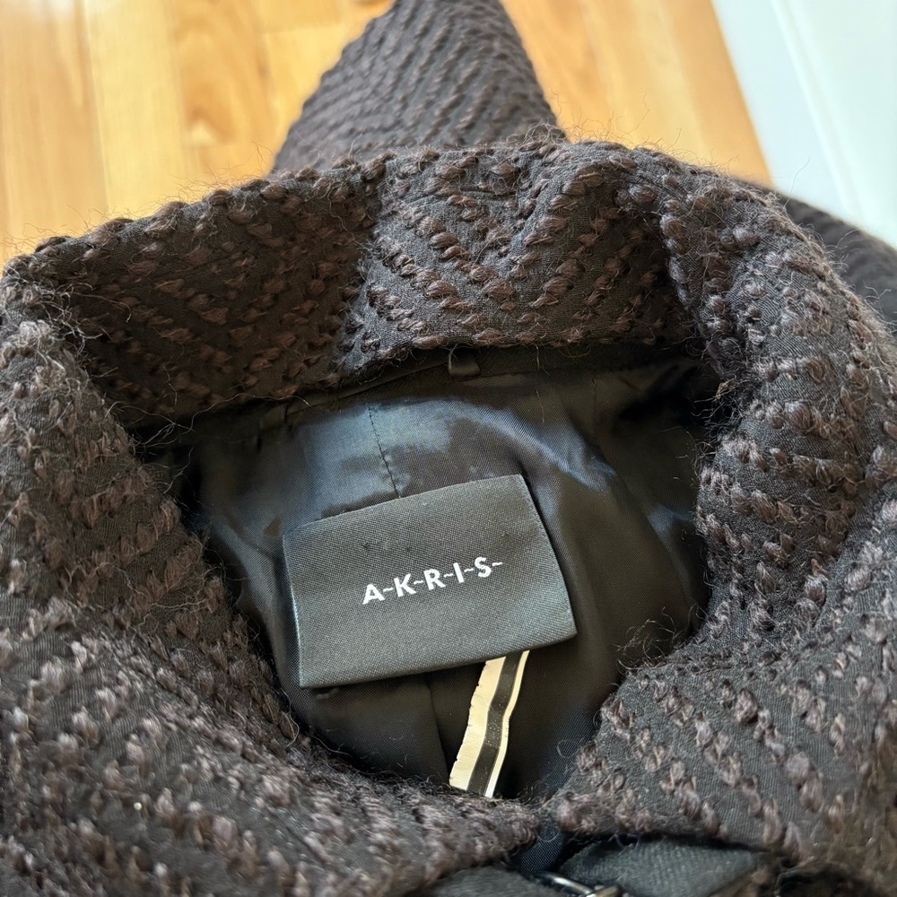 Akris Wool Blend Herringbone Woven Brown Hidden Button Placket Jacket Size US 12 - Picture 10 of 13